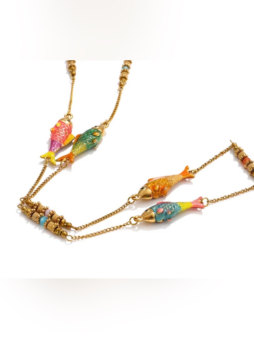 Gold Tone Stainless Steel Multicolor Long Fish Necklace